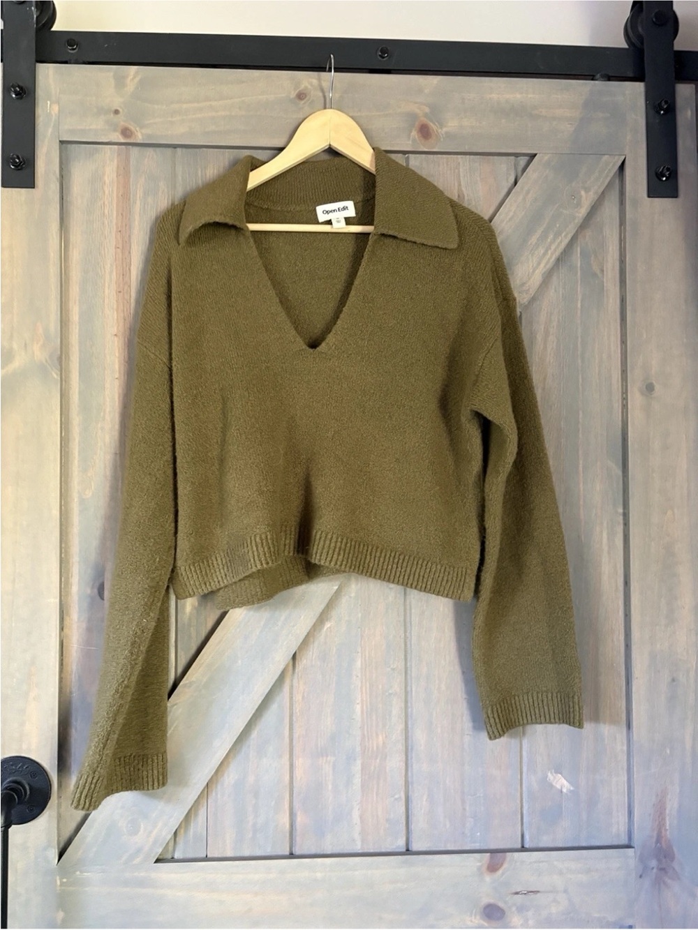 Open Edit Olive Green V-Neck Johnny  Collar Sweater